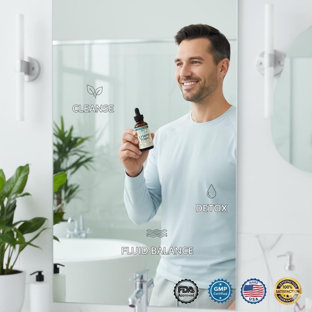 Man holding a bottle of Lymph Tonic as part of his daily wellness routine