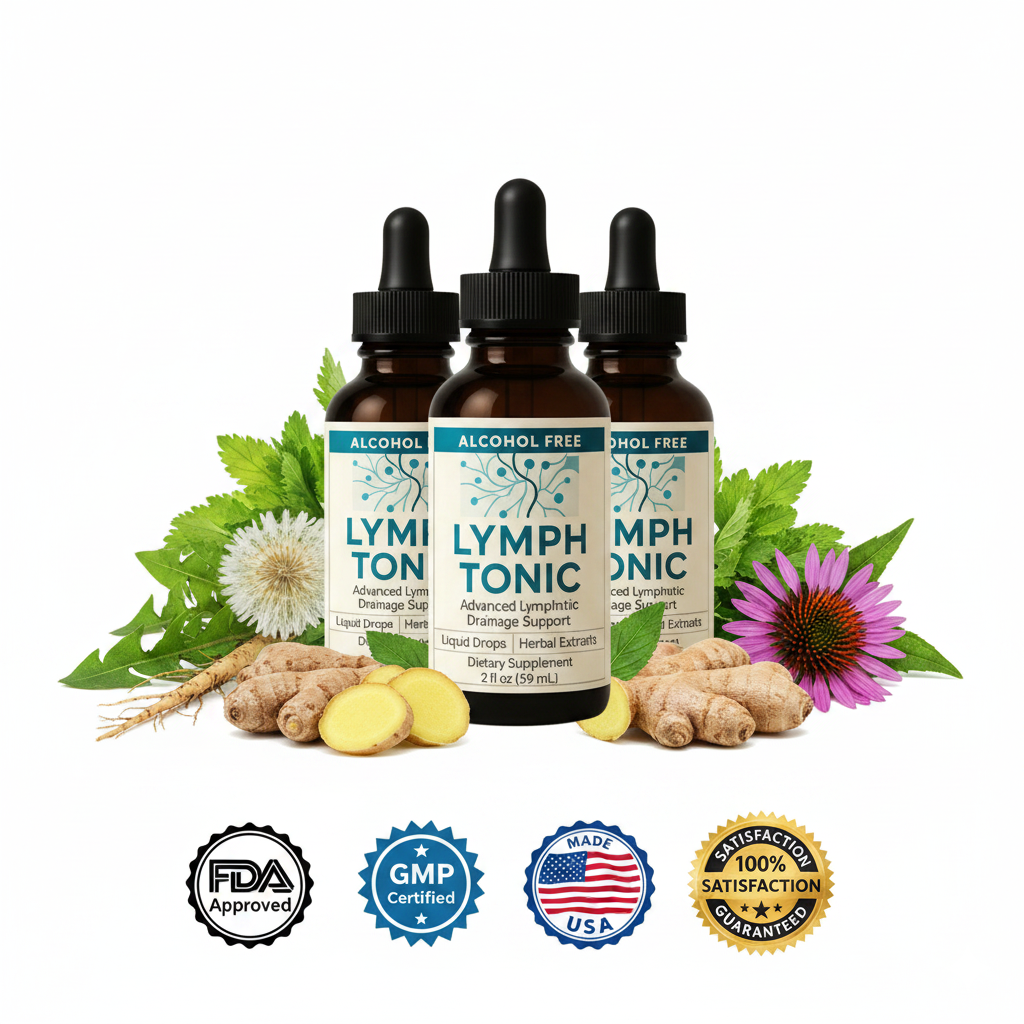 Three bottles of Lymph Tonic with botanical ingredients including ginger, dandelion and echinacea