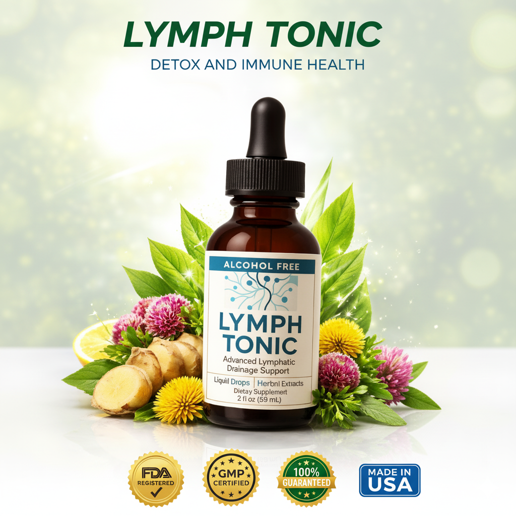 Lymph Tonic bottle surrounded by fresh botanical ingredients